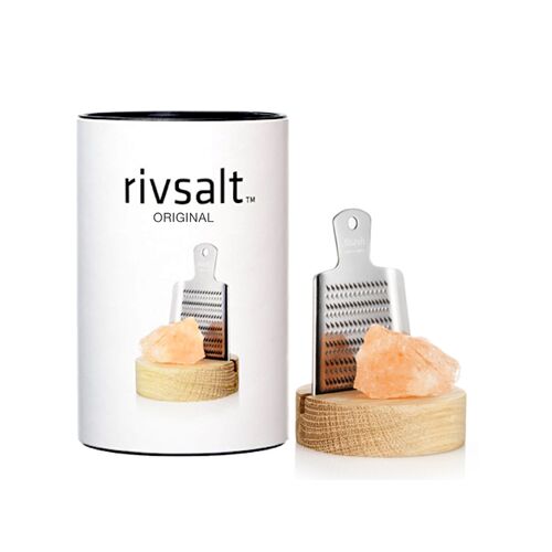 Rivsalt Original - Himalayan Salt with Stainless Steel Grater and Oak Stand