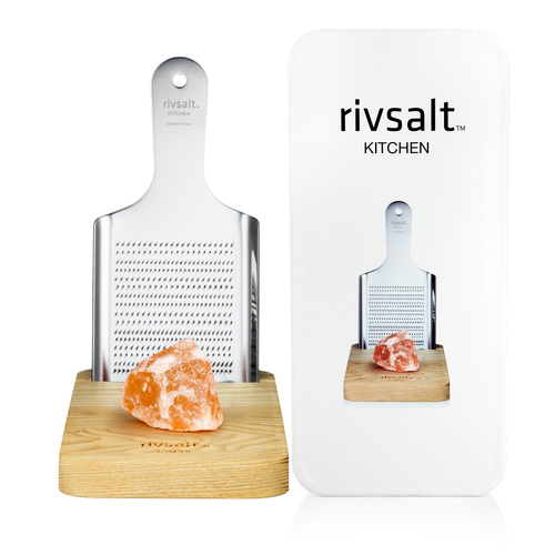 Rivsalt Kitchen - Himalayan Salt with Stainless Steel Grater and Oak Stand