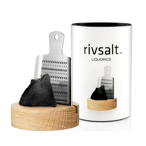 Rivsalt Liquorice - Premium Raw Licorice, Stainless Steel Grater, Oak Stand