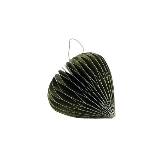 Olive Green Paper Heart Ornament with Silver Glitter Edge H8.5cm